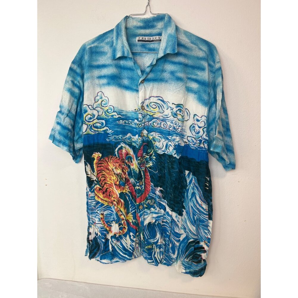 Presence VTG Button up Men's Shirt Tiger Dragon Fight Hawaiian Style XL